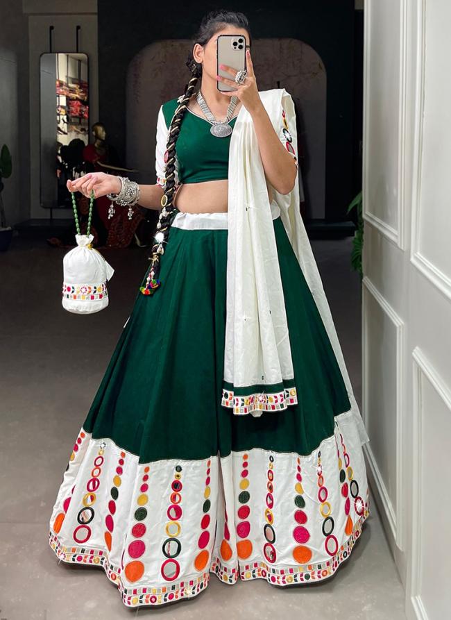 Pure Cotton Green Navratri Wear Mirror Work Readymade Ready To Wear Lehenga Choli